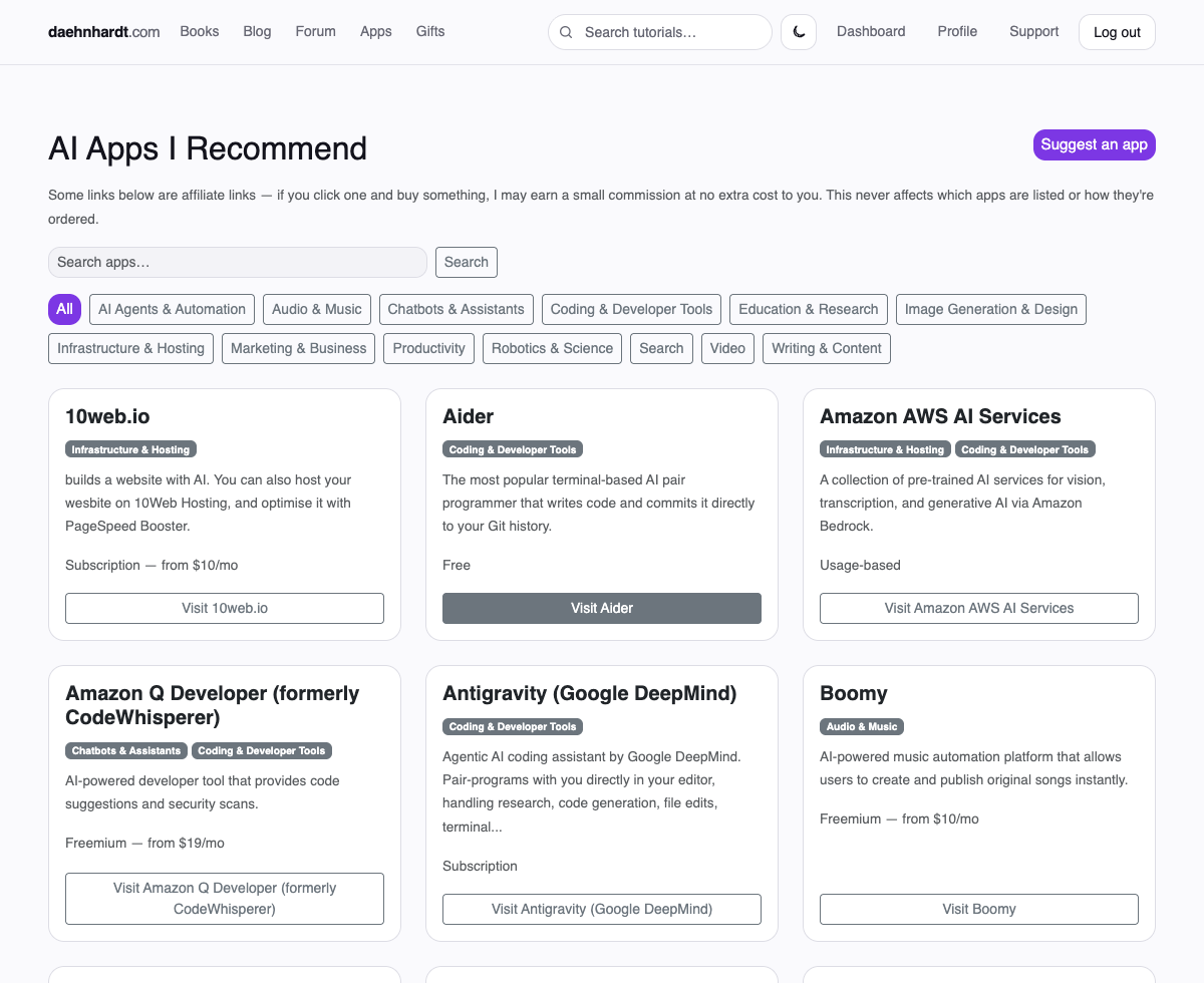The AI Tools directory, showing category filters and app cards such as Aider, Antigravity, and Amazon Q Developer