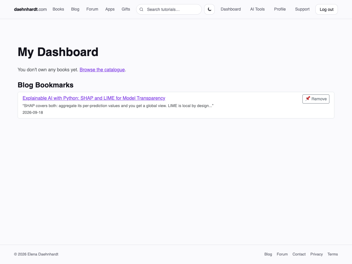 The Dashboard's Blog Bookmarks list, showing a saved bookmark with its excerpt and a Remove button
