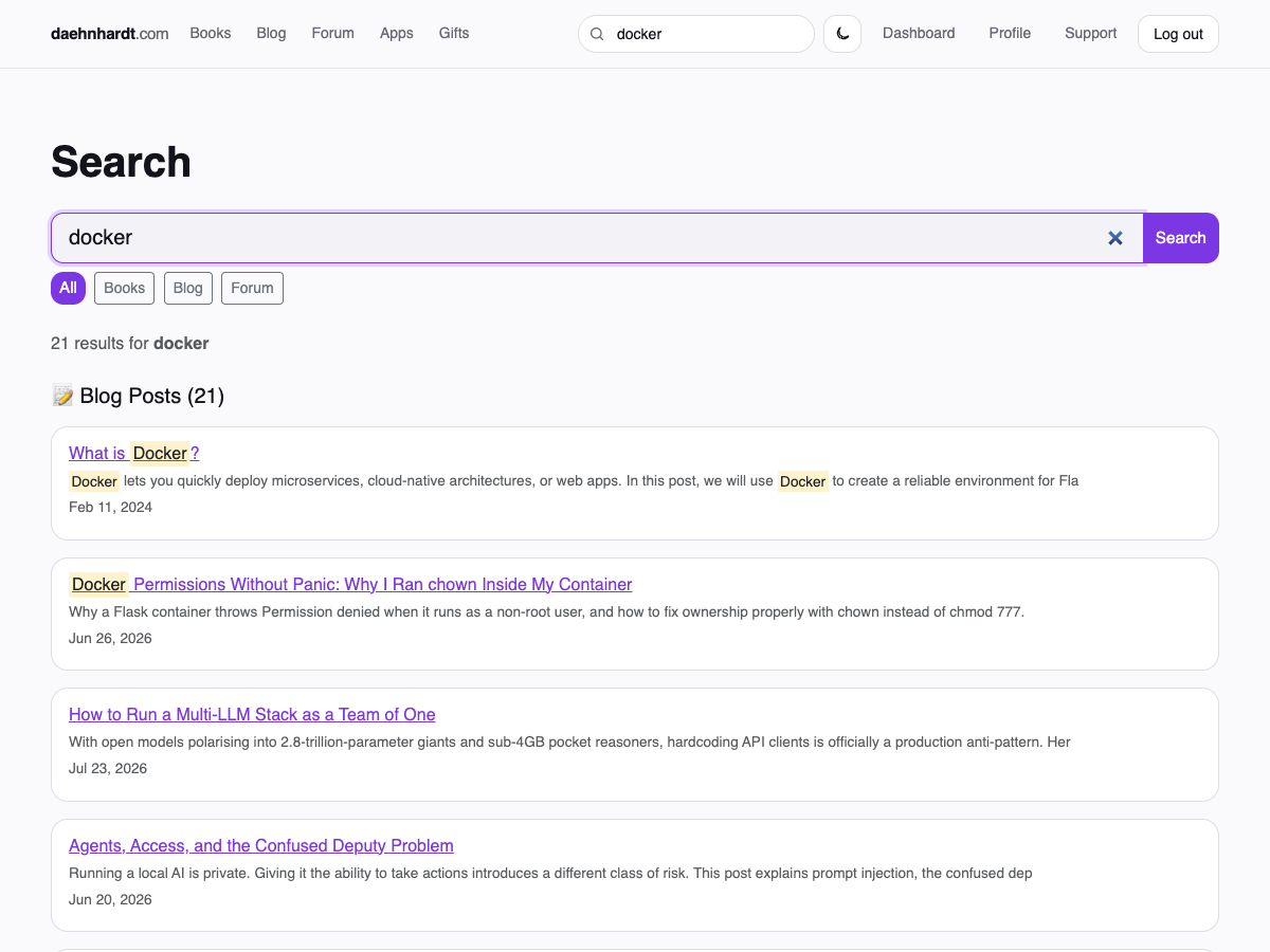 Search results for 'docker' spanning blog posts, with matched terms highlighted
