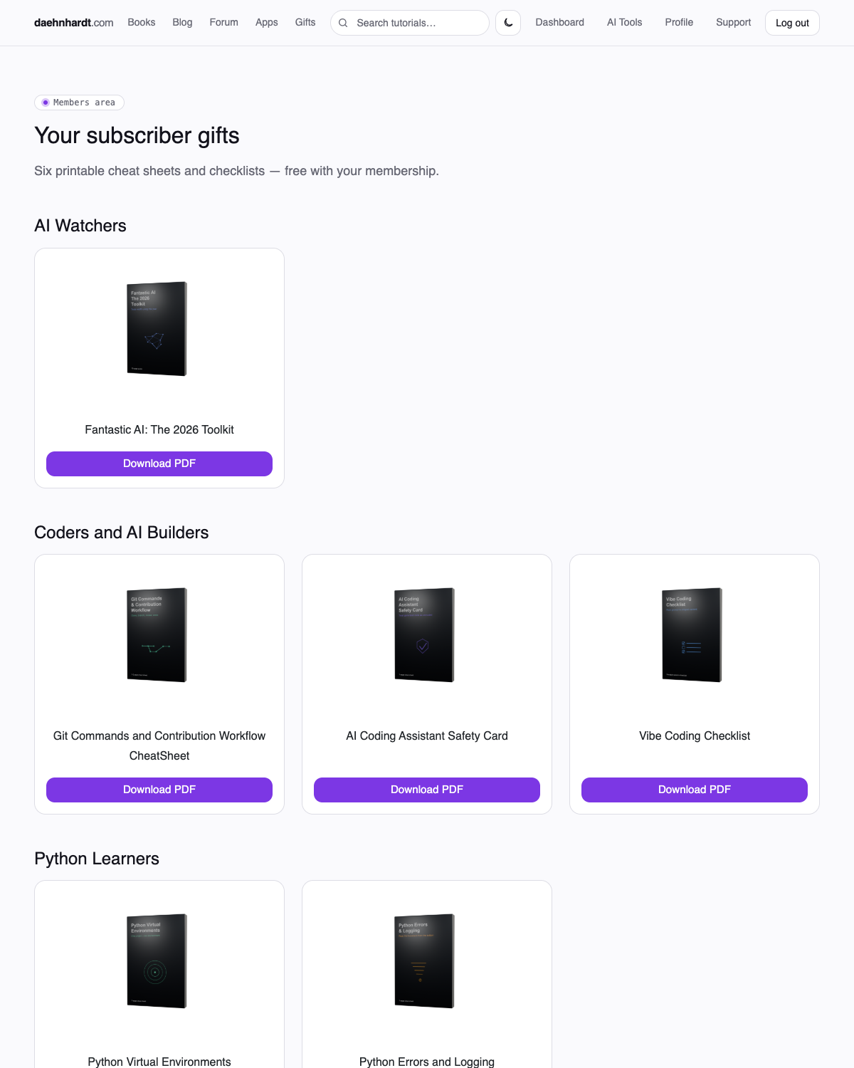 The Gifts page, showing printable cheat sheets grouped into AI Watchers, Coders and AI Builders, and Python Learners